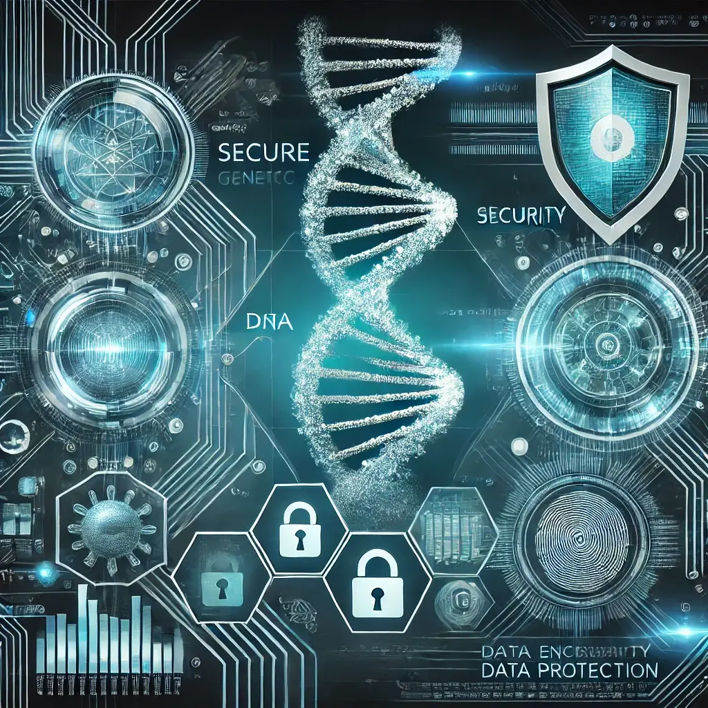 DALL·E 2024-11-06 11.49.59 - A high-tech, futuristic image representing cybersecurity in the biotech sector. Central elements include DNA double helix structures, shield icons for